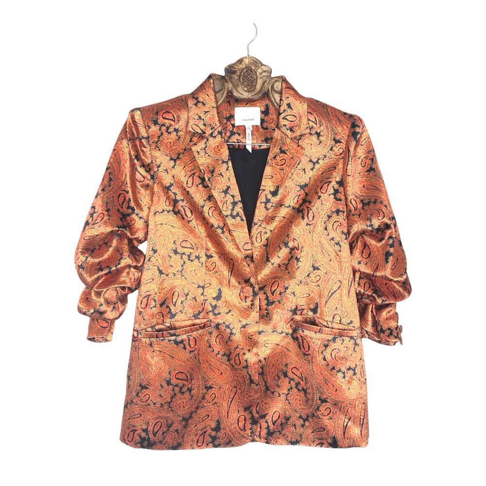 Cinq a Sept Kylie Blazer Orange Paisley Satin Ruched Sleeves Button Front 4
